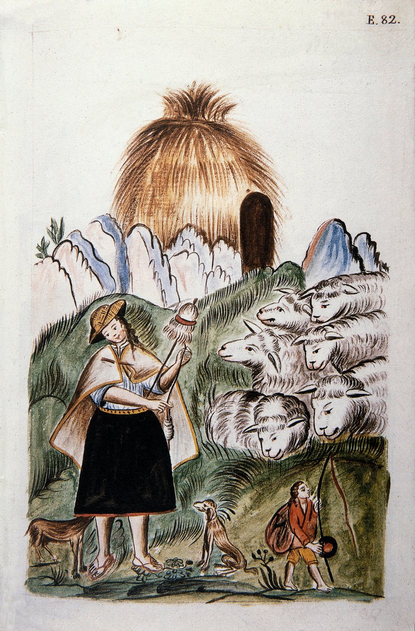 En indisk gjeterinne nær hytta med flokken sin, fra boken "Trujillo del Peru" eller "Codex Martinez Companion", av Baltazar Martinez Companion og Bujanda, biskop av Trujillo (1782-1785) av Unknown artist