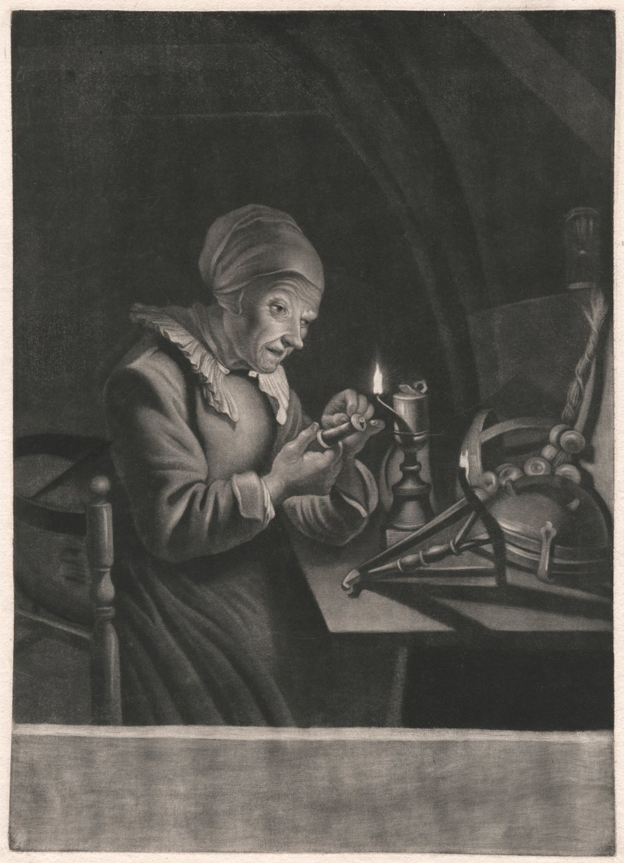 En gammel kvinne reparerer spinnehjulet hennes av Unknown artist