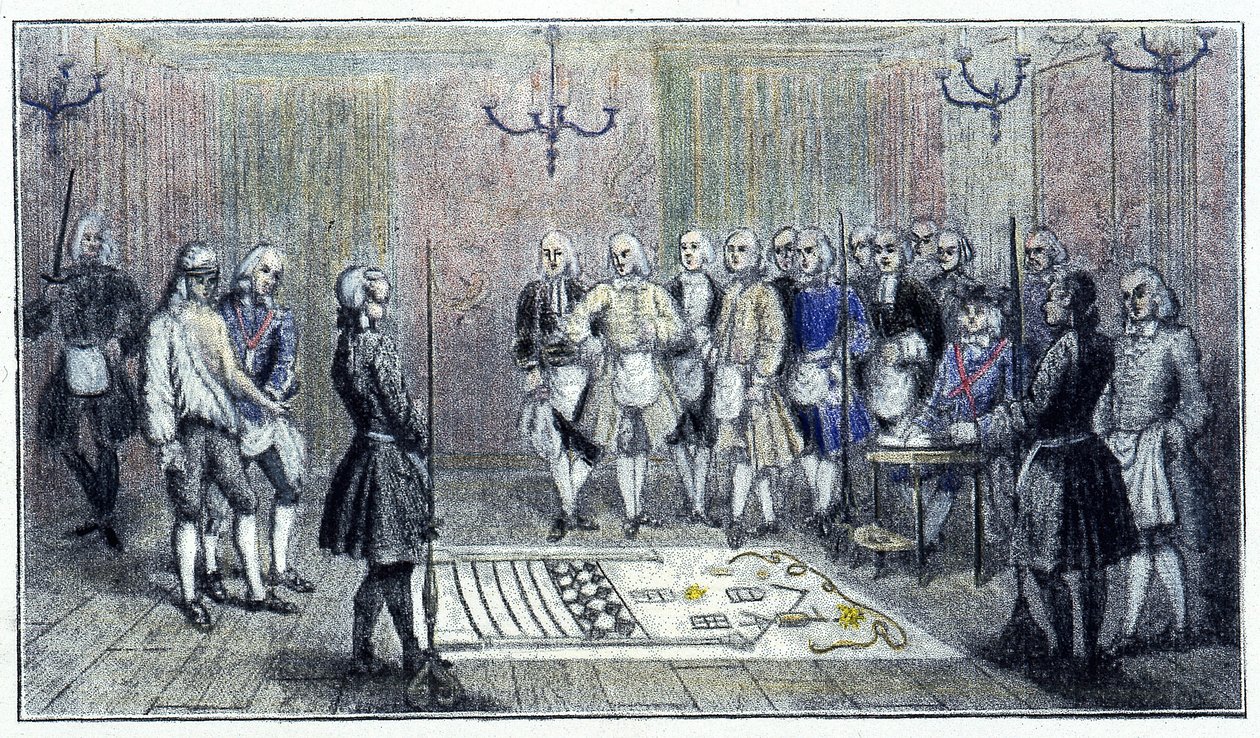 En lærlingloge i Paris, ca. 1740: denne scenen skildrer mottakelsen av en "lærling"" frimurer (på gulvet maleriet av lærlinglogen) - ifølge en gravering fra tiden. av Unknown artist