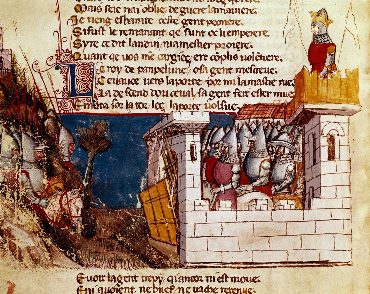 En hær (fra kongen av Pamplona?) søker tilflukt i et slott og klatrer opp miniatyr levis-broen fra "" Entrree of Spain"". Venezia fra 1300-tallet, Biblioteca Marciana. av Unknown artist