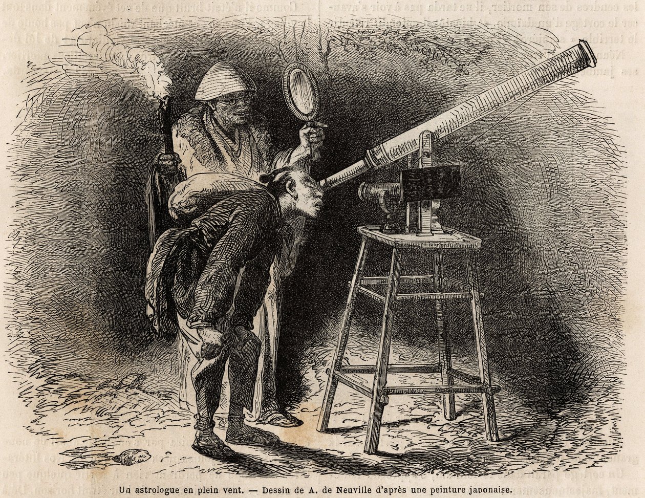 En astrolog søker på himmelen i friluft ved hjelp av teleskopet sitt. Gravering for å illustrere reisen til Japan, i 1863-1864, av Aime Humbert, minister for det sveitsiske konføderasjonen, i «Le tour du monde, nouveau journal des voyages»» publisert under av Unknown artist