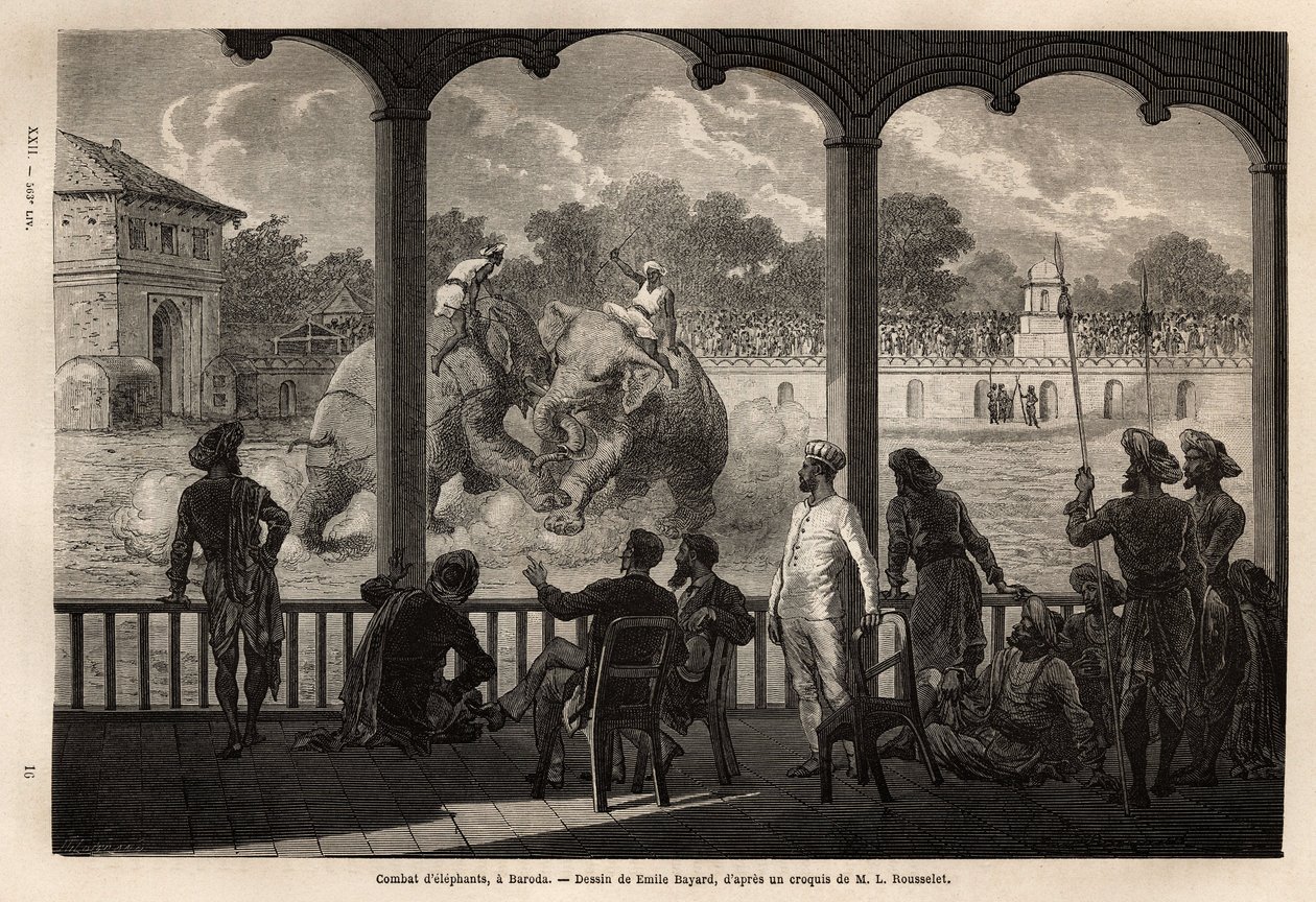 En elefantkamp, i Baroda (eller Vadodara), delstaten Gujarat på nordøstkysten av India. Gravering for å illustrere reise i India av Rajahs, av Louis Rousselet, i 1864-1868, publisert i "" Le tour du monde""" 1870-1871, redigert av Edouard Charto av Unknown artist