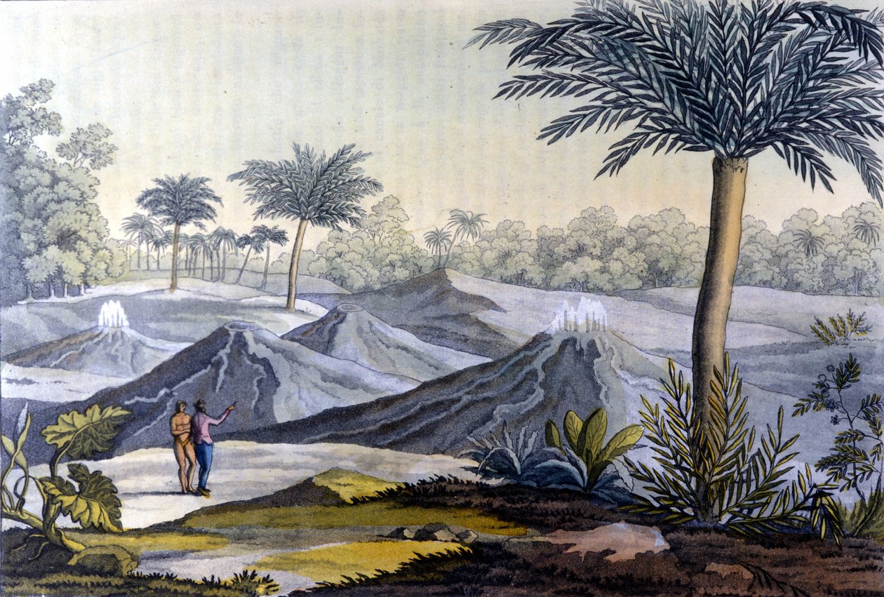 En urbefolkning viser i Humboldt vulcancitos nær Turbaco i Ecuador. Fra boken til Alexander Von Humboldt (Alexandre de Humboldt av Unknown artist