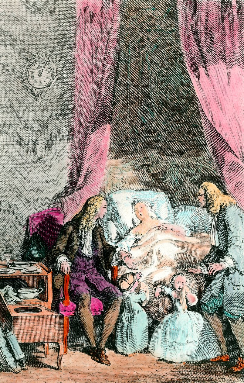 En observatørlege En kvinne som er syk eller allerede død er omringet av familien sin og legen. Barna er i tårer. Gravering rundt 1780. Paris, Medisinakademiet av Unknown artist