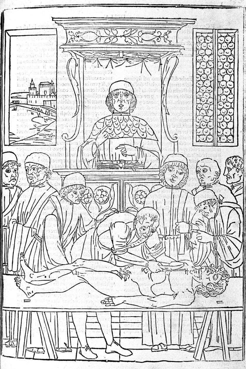 Anatomisk disseksjon. Gravering fra en medisinavhandling av Gerolamo Cardano (Cardanus Hieronymus), Firenze av Unknown artist