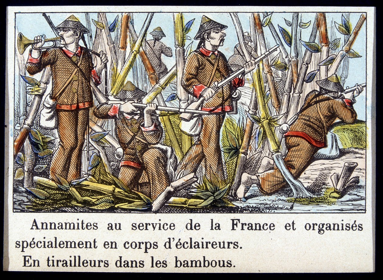 Annamitter i tjeneste for Frankrike og spesielt organisert i speiderkorps, i skyttere i bambus av Unknown artist