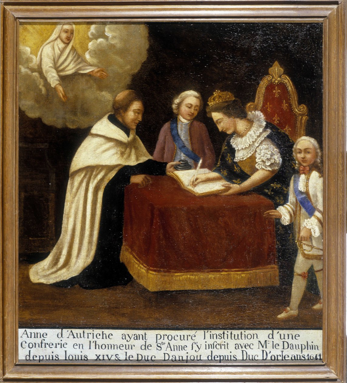 Anne av Østerrike, etter å ha gitt institusjonen av et brorskap eller æren av Saint Anne, sluttet seg til det med delfinen og hertugen av Anjou (nå Louis XIV og hertugen av Orléans, dit Monsieur) av Unknown artist