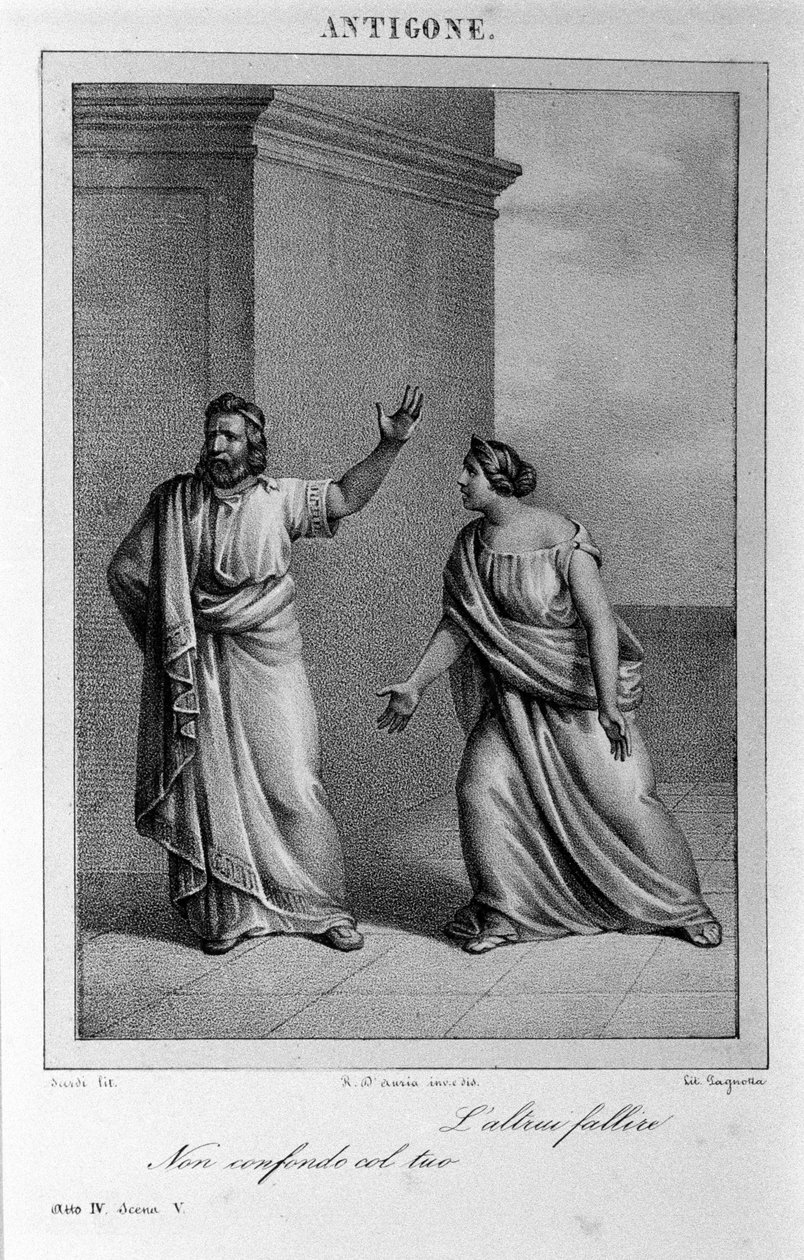 Antigone Act 4, scene 5. Italiensk tragedie av Vittorio Alfieri skrevet i 1783 etter gresk mytologi. Gravering fra 1700-tallet. av Unknown artist