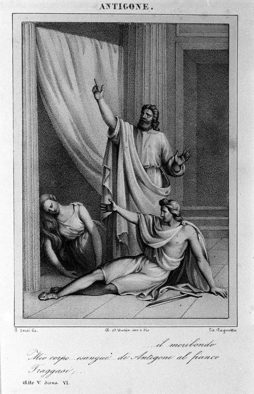Antigone Act 5, scene 6. Italiensk tragedie av Vittorio Alfieri skrevet i 1783 etter gresk mytologi. Gravering fra 1700-tallet. av Unknown artist