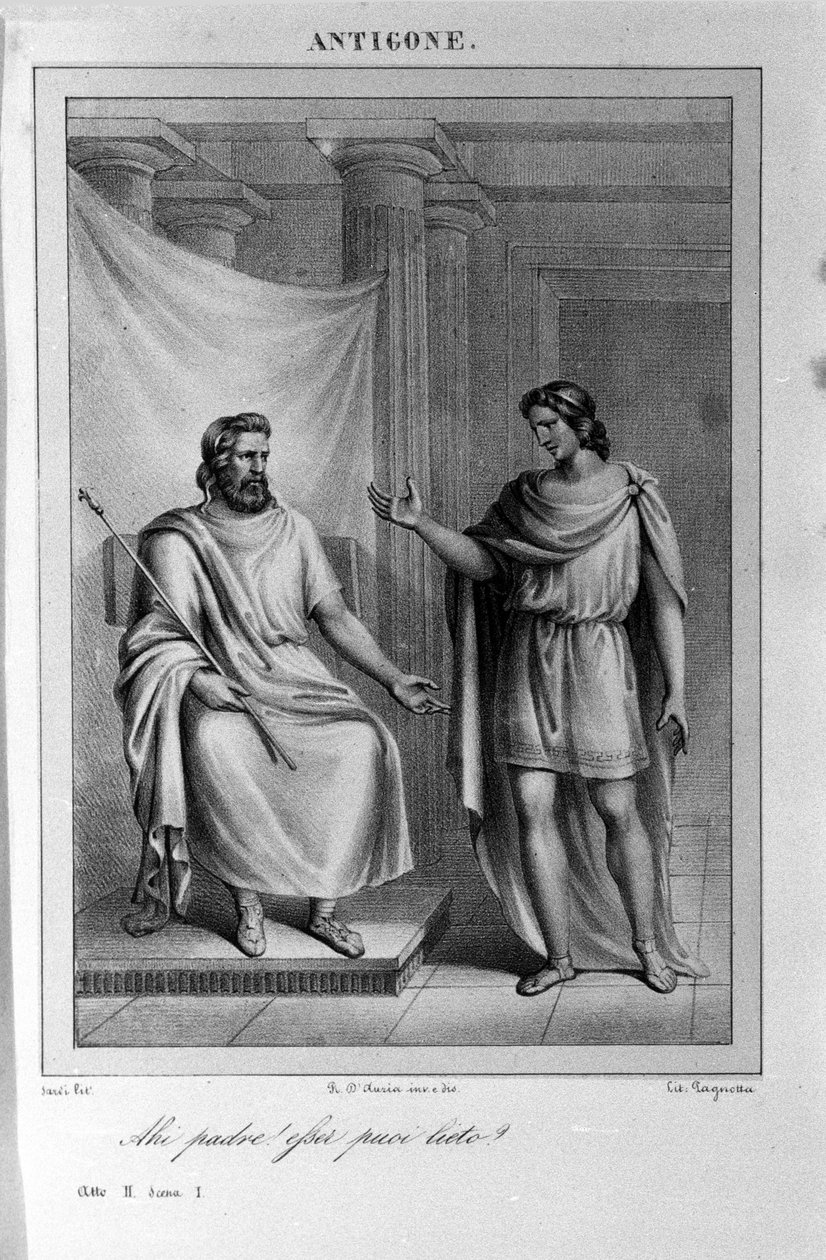 Antigone Act II, scene 1. Italiensk tragedie av Vittorio Alfieri skrevet i 1783 etter gresk mytologi. Gravering fra 1700-tallet. av Unknown artist