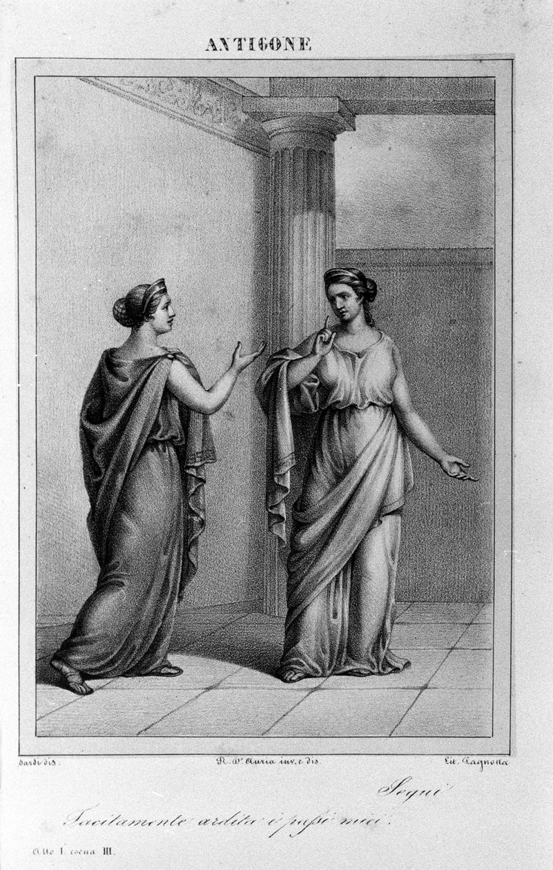 Antigone Act I, scene 3. Italiensk tragedie av Vittorio Alfieri skrevet i 1783 etter gresk mytologi. Gravering fra 1700-tallet. av Unknown artist