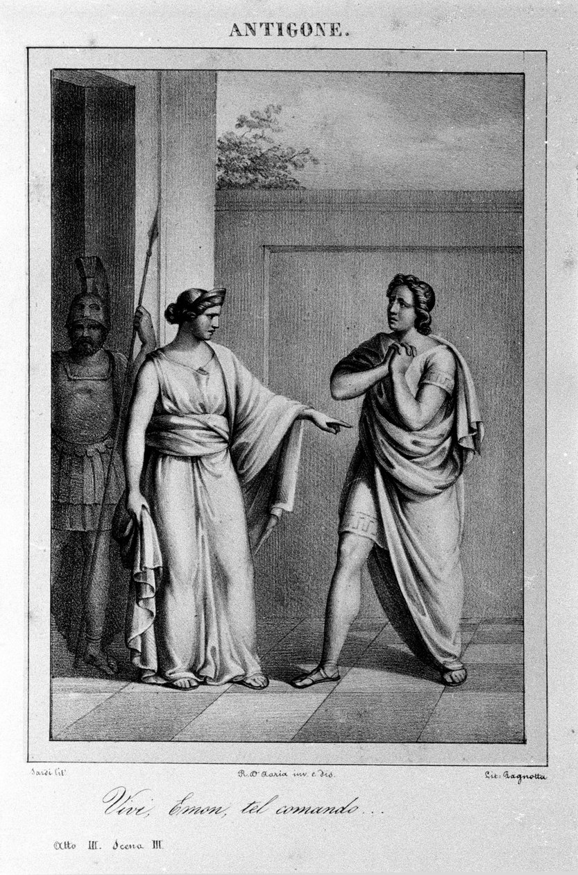 Antigone Act I, scene 3. Italiensk tragedie av Vittorio Alfieri skrevet i 1783 etter gresk mytologi. Gravering fra 1700-tallet. av Unknown artist