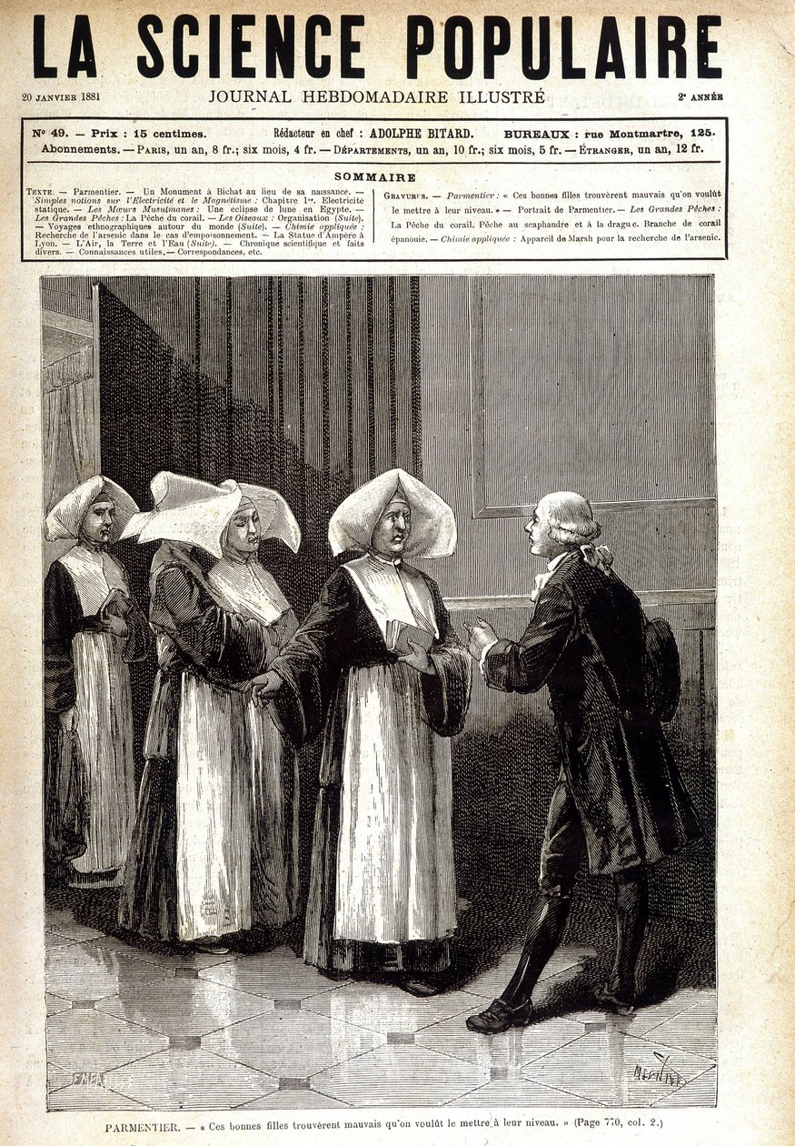 Antoine Augustin Parmentier (1737 - 1813), farmasøyt kjent for å spre potetdyrking i Frankrike, og snakket med nonner. i "" La science populaire"" 20/01/1881. av Unknown artist