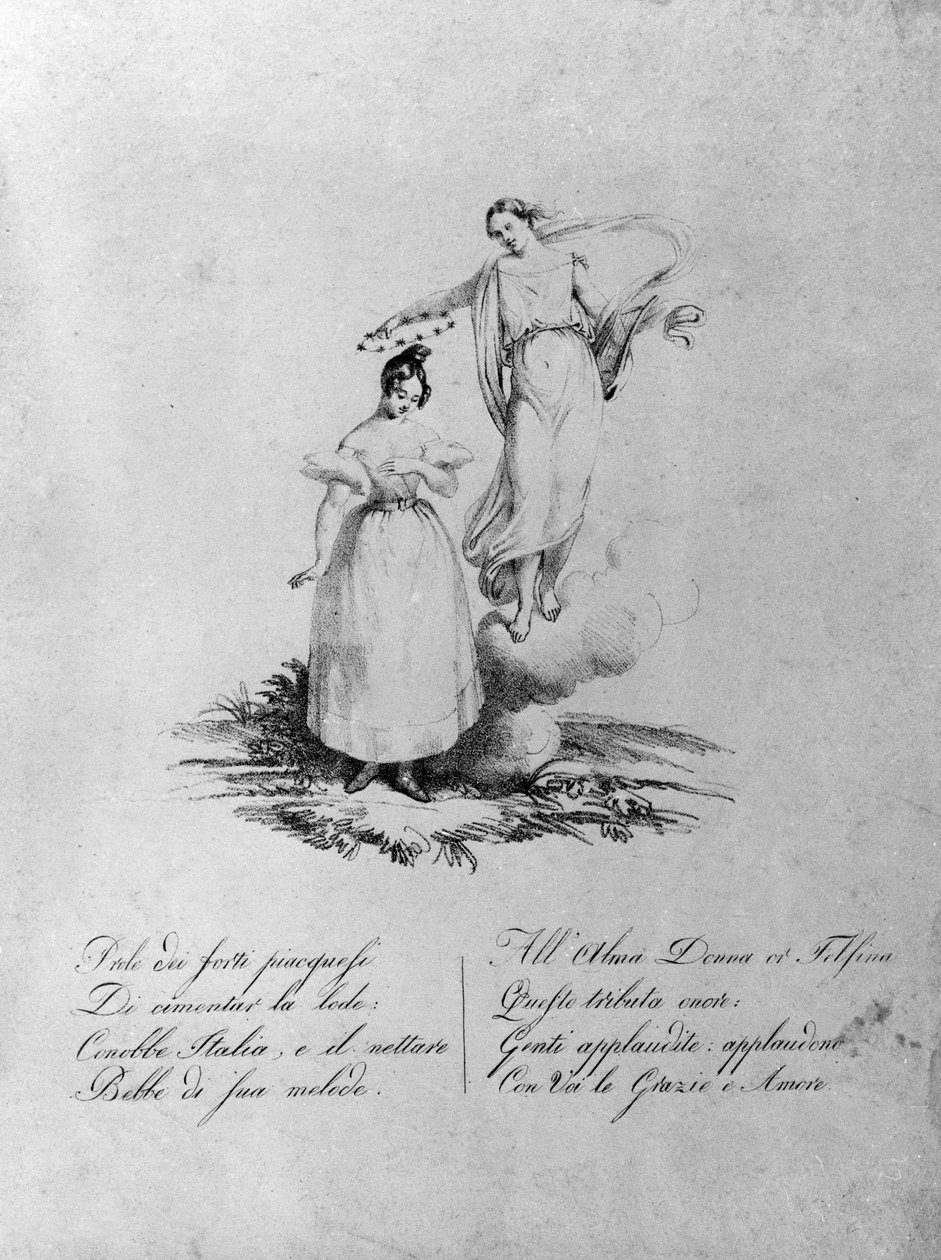 Apotheosis av Maria Garcia kalt Malibran (1808-1836) sangeren. Gravering av 1800-tallet. . Milan. av Unknown artist
