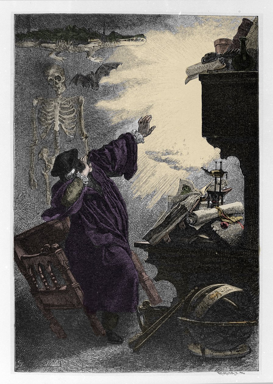 Apparition de Mephistopheles (Mephisto) a Faust Illustrasjon av "" Faust"" av Johann Wolfgang von Goethe (1749-1832) (Illustrasjon for "" faust"" av Goethe) Gravering av Unknown artist
