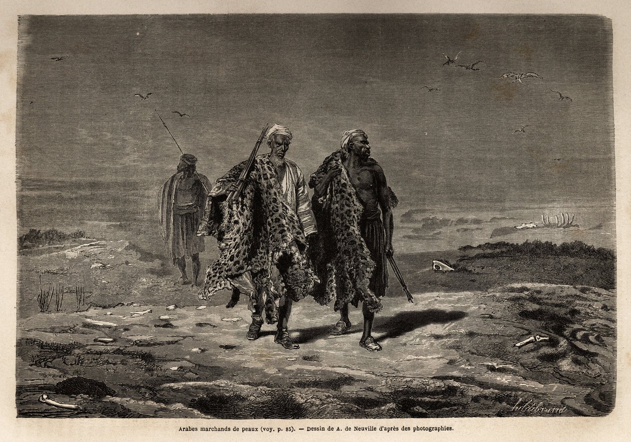 Arabiske beduiner, panterskinn og saueullhandlere, på vei til Bagdad-marsjen (Irak). Gravering for å illustrere turen til Babylon, i 1866, av Guillaume Lejean, i «Le tour du monde, nouveau journal des voyages»» publisert under dire av Unknown artist