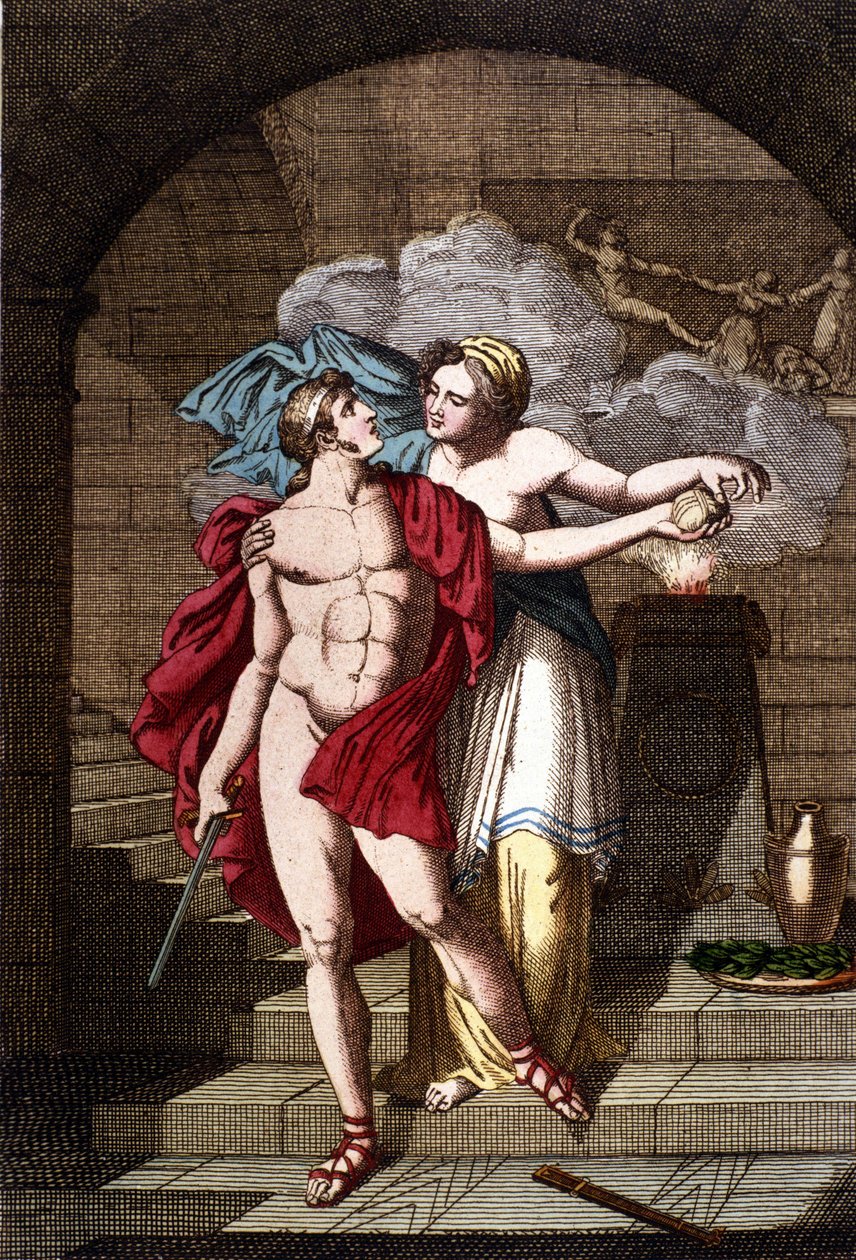 Arianne gir Theseus tråden slik at han kan komme seg ut av labyrinten – i Dizionario mitologico av Unknown artist