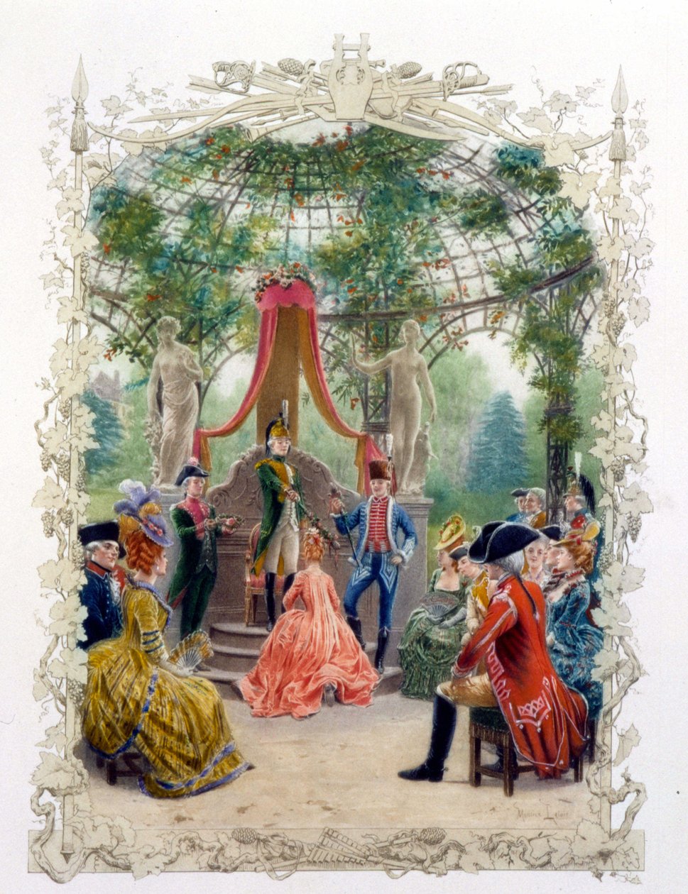 Aristokratisk seremoni i en hage (slottet i Versailles?) i "" En kvalitetskvinne i det siste århundret"" 1778 av Unknown artist