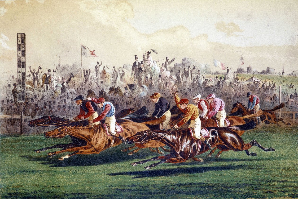 Ankomst av et hesteveddeløp. 1800-talls illustrasjon. av Unknown artist