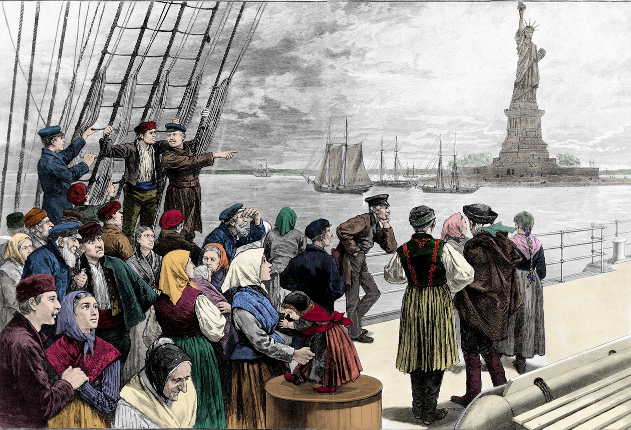 Når familier av emigranter ankommer havnen i New York, er frihetsstatuen synlig. Gravering fra "" Harper