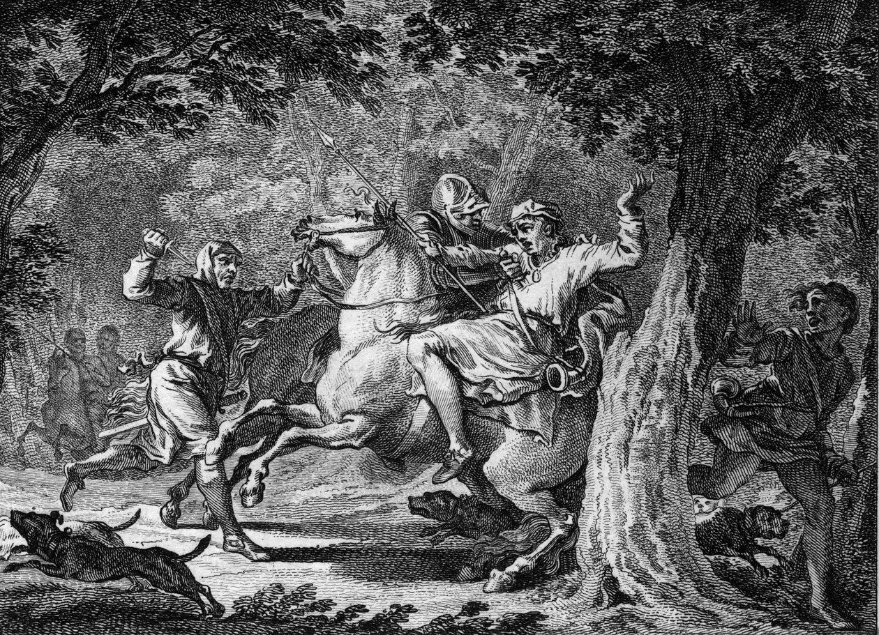 Assassination of Childeric II, 675: kongen av frankerne (ca. 653-675) ble drept i skogen i Lognes av Bodillon, en herre som han hadde pisket. Gravering fra 1700-tallet. av Unknown artist