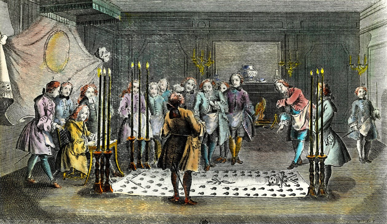 Montering av Francs Macons for mottak av mestere Gravering rundt 1750 privat samling av Unknown artist