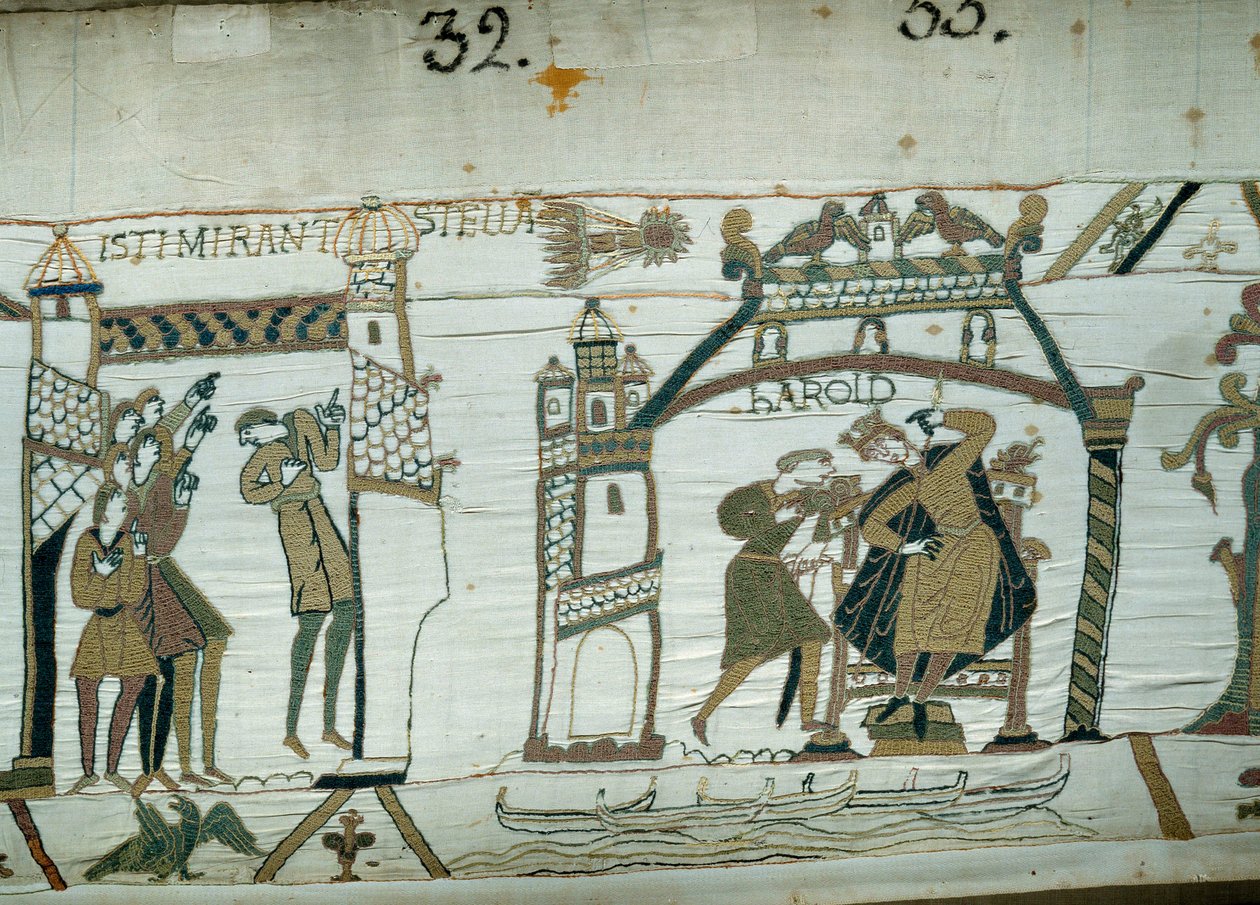 Astrologer rapporterer utseendet til kometen (Halley), presser av ulykke for Harold, knapt krone kongen av England. Detalj av billedvev av Bayeux eller broderi av dronning Mathilde av Unknown artist