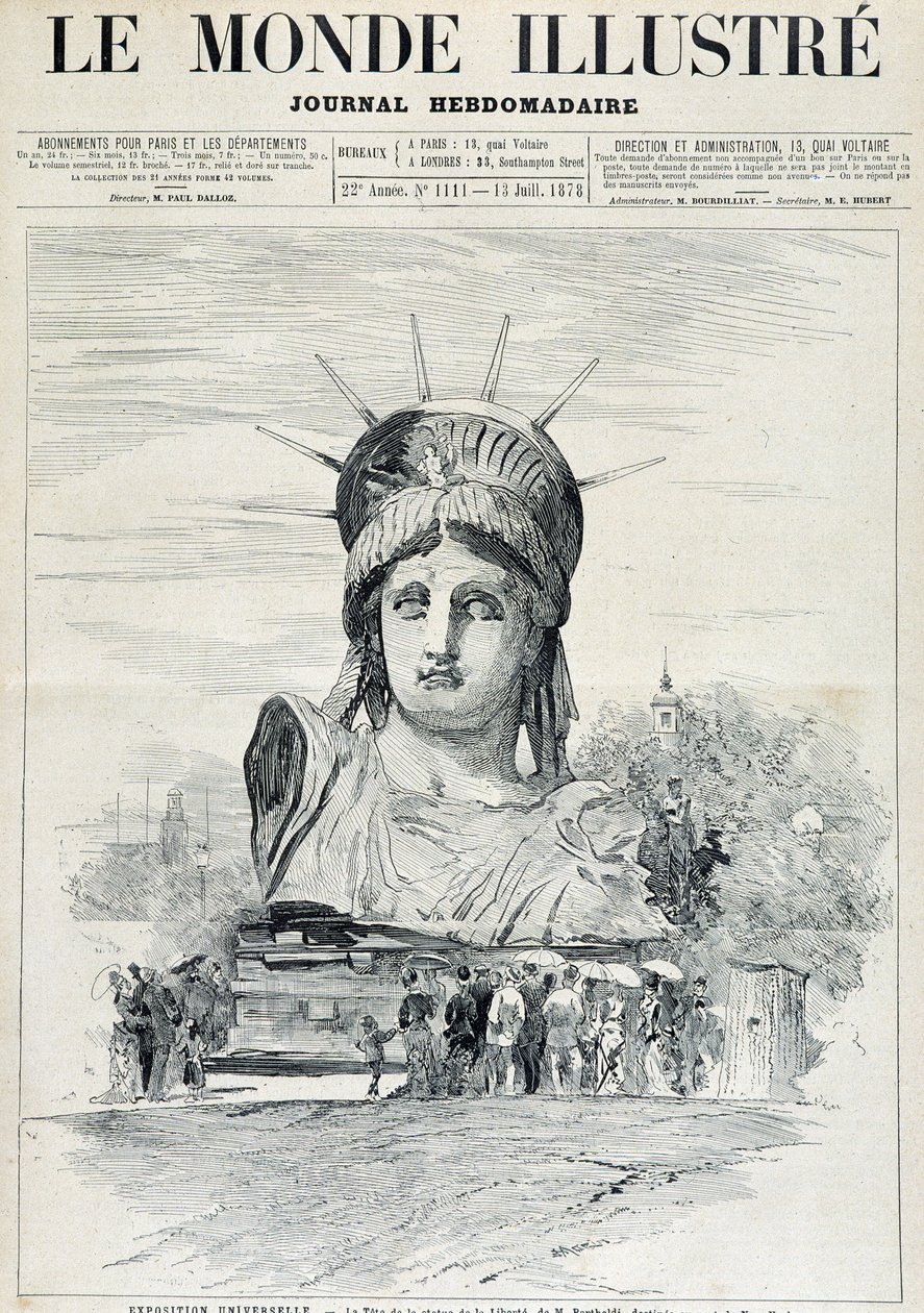 På verdensutstillingen i 1878: lederen av Frihetsgudinnen av Mr Bartholdi, bestemt til havnen i New York - i "" The Illustrated World"" av 13.07.1878 av Unknown artist