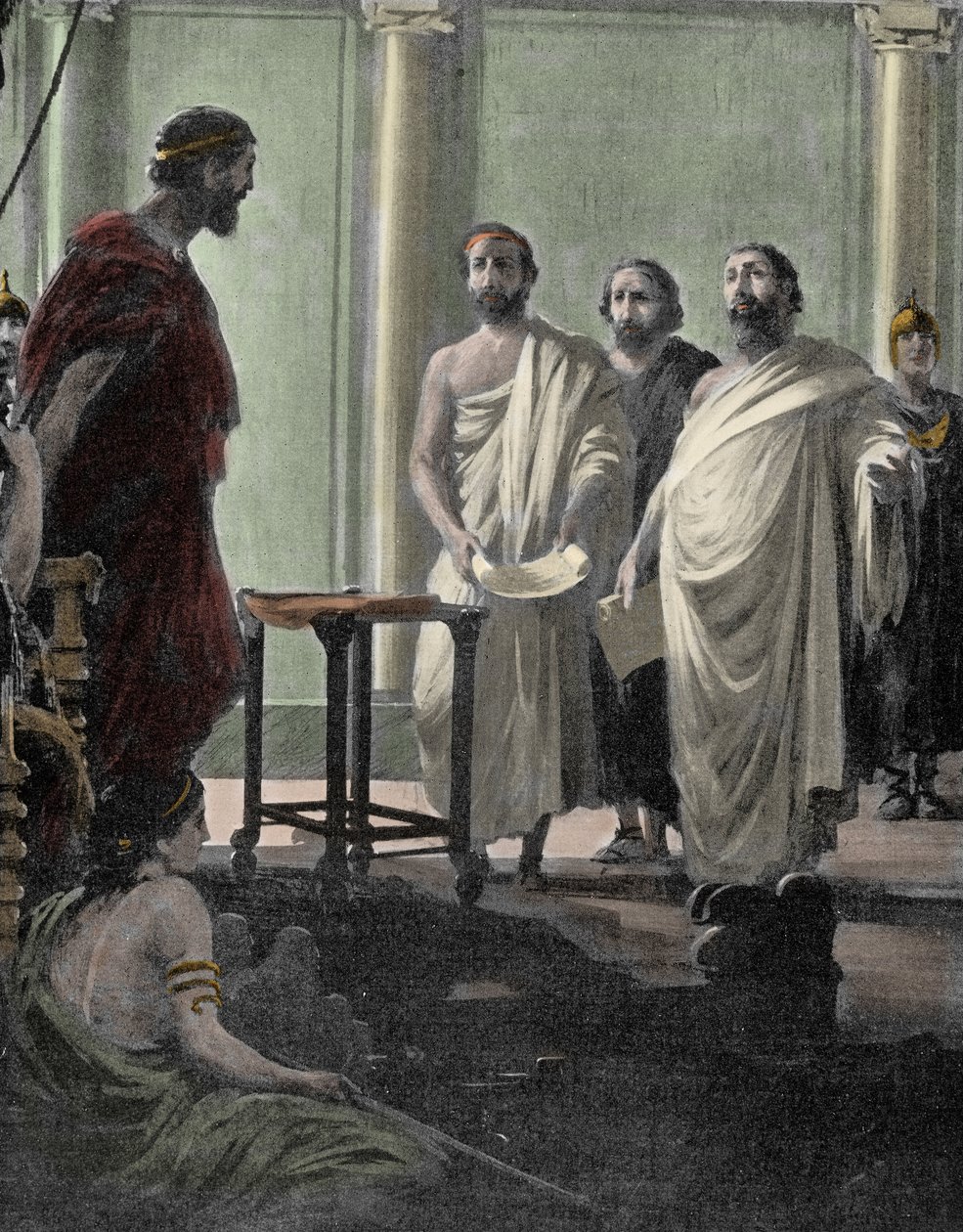 Den athenske generalen og politikeren Alkibiades (450 f.Kr.-404 f.Kr.), disippel av Perikles og Sokrates, tilbakekalt i 407 av det demokratiske regimet i Athen etter hans eksil. Gravering av 1800-tallet av Unknown artist