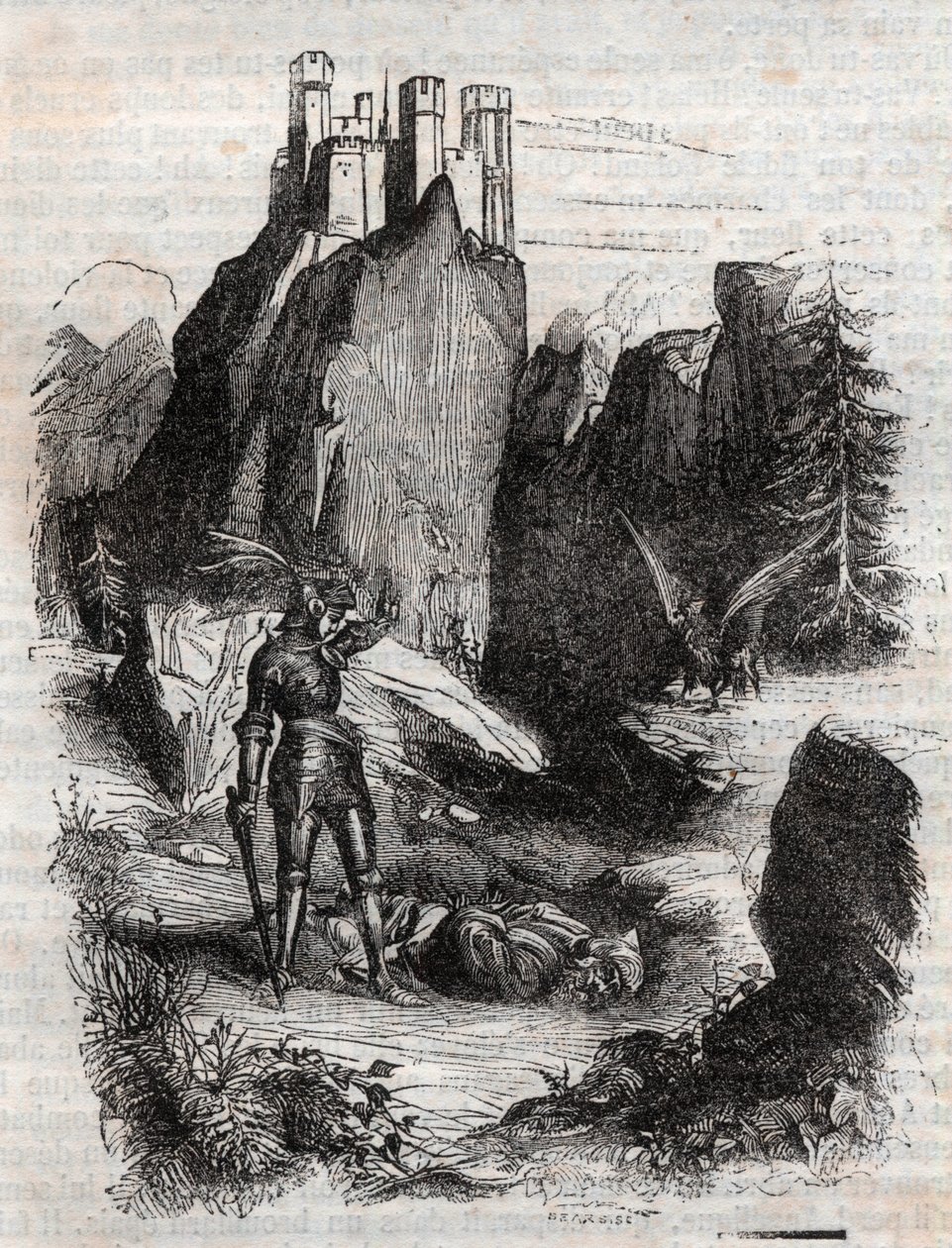 Atlant beseiret av Bradamante - gravering av 1851 fra "" Furious Roland"" av Unknown artist