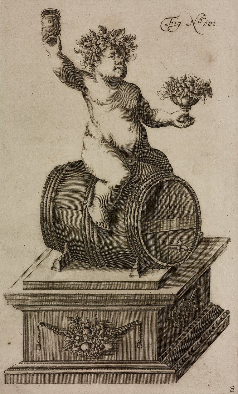 Bacchus på tønne, utstillingsdukke for å skyte opp fyrverkeri, gravering fra Grand Art d#39;Artillerie, av Casimir Siemienowicz av Unknown artist