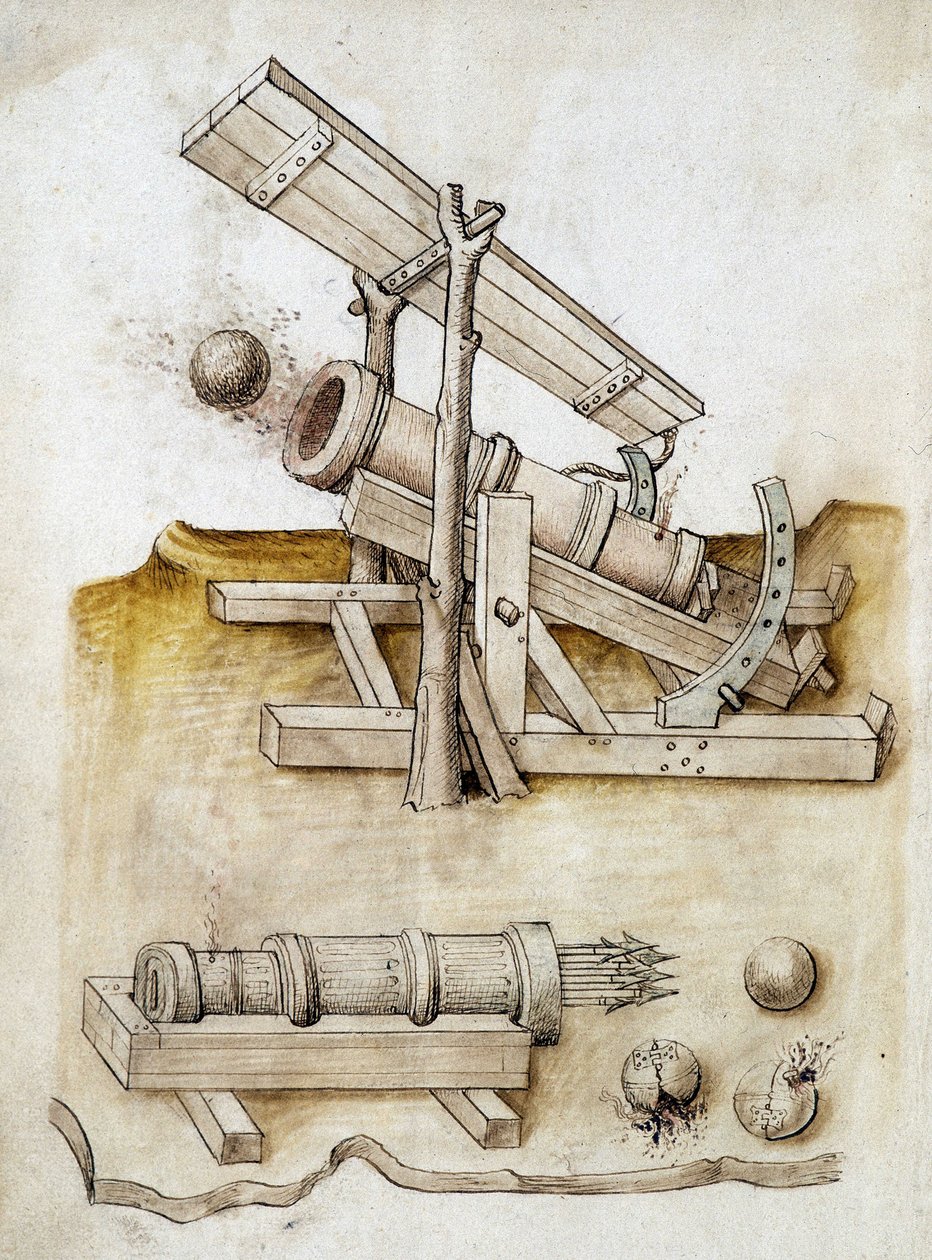 Ballpistol og pilpistol - Manuskript: pergamentark av en ingeniørhåndbok for bygging av sivile, religiøse og militære bygninger, anonym, sent på 1400-tallet (figur med kinesisk blekk) av Unknown artist