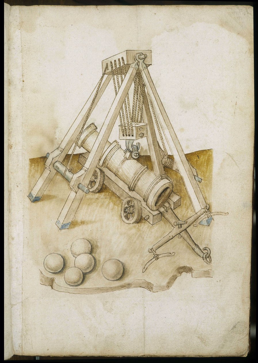 Kulepistol og heis - Manuskript: pergamentark av en ingeniørhåndbok for bygging av sivile, religiøse og militære bygninger, anonym, sent på 1400-tallet (figur med kinesisk blekk) av Unknown artist