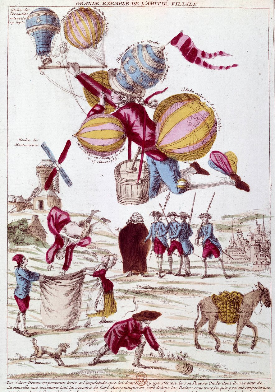 Ballongflukt: en nevø, bekymret for ikke å motta nyheter fra onkelen på en ballongreise, gjør alt for å nå ham, og tar av alle ballongene som er bygget (Lyon, Champs de mars, La Muette, Versailles) for å fly over Paris. Satirisk gravering på ballong av Unknown artist