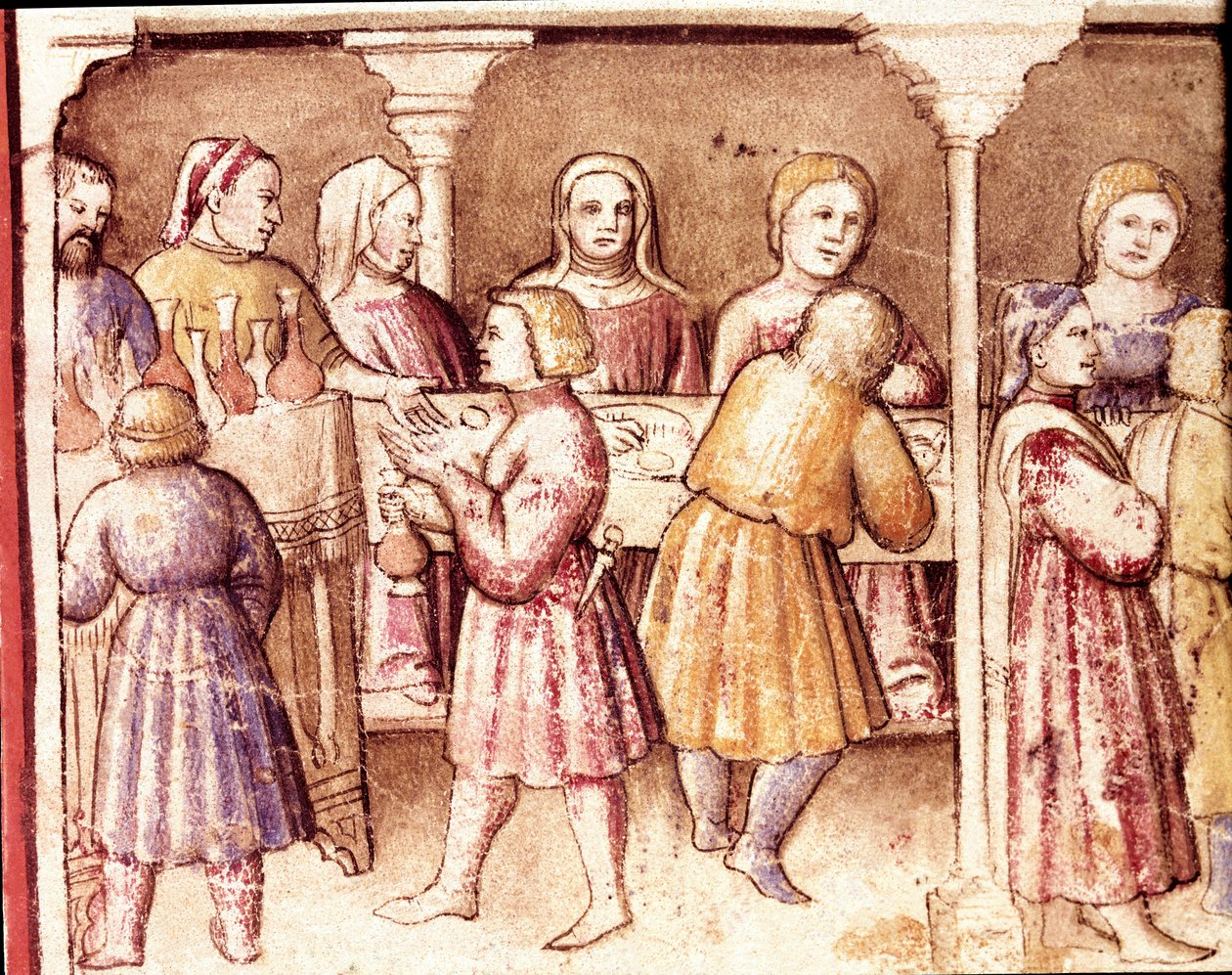 Bankettscene i et rikt herskapshus i Padua Miniature fra Codex 212 (eller Padovano Codice eller Bible of Padua) 1390-1400 Rovigo, Accademia dei Concordi av Unknown artist