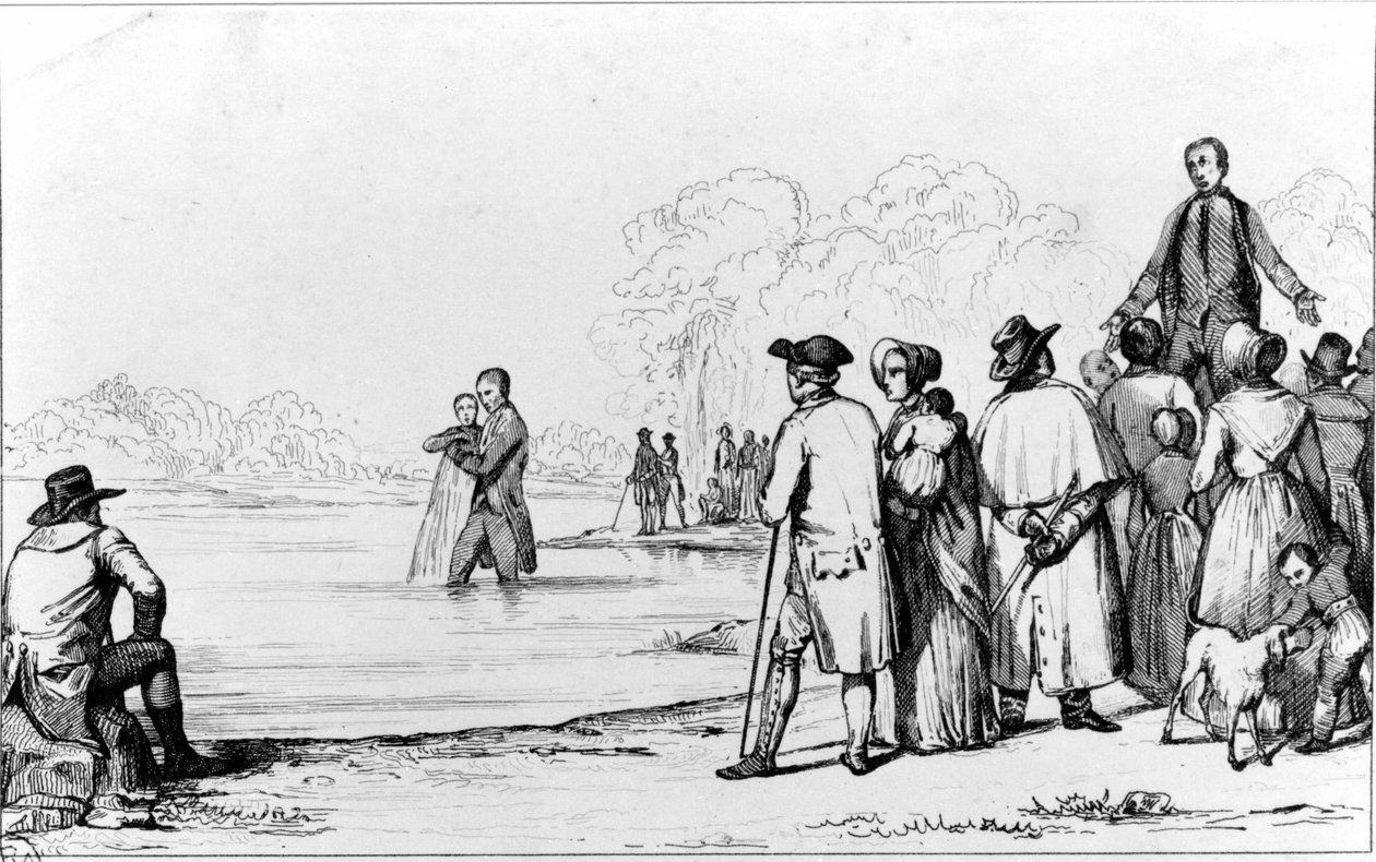 Dåp av anabaptistene med total nedsenking i vann. av Unknown artist