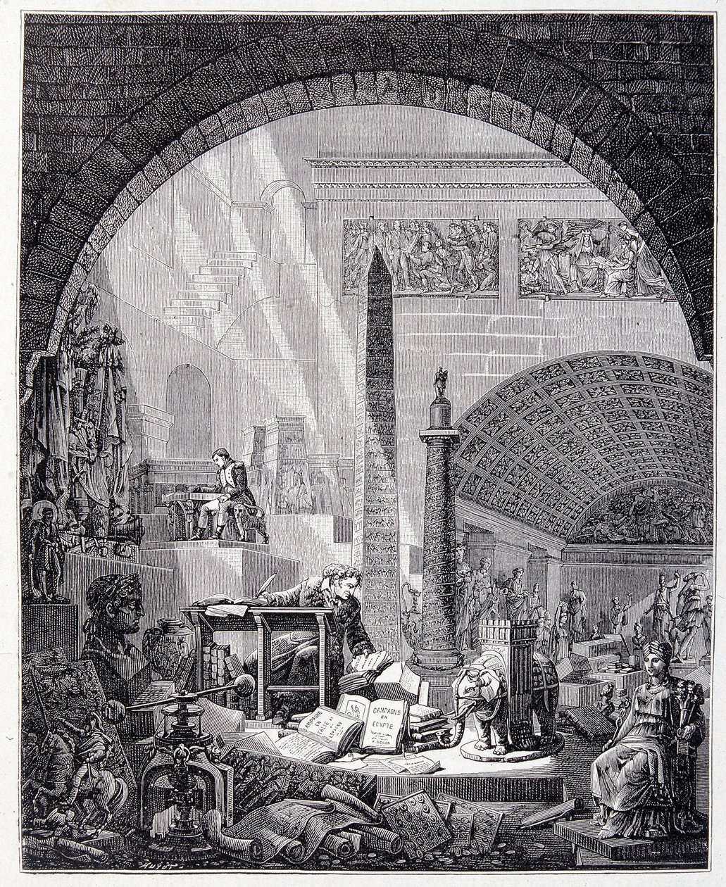 Baron Dominique Vivant-Denon (Vivant denon) på kontoret hans, omgitt av kunstgjenstander og Napoleon av Unknown artist