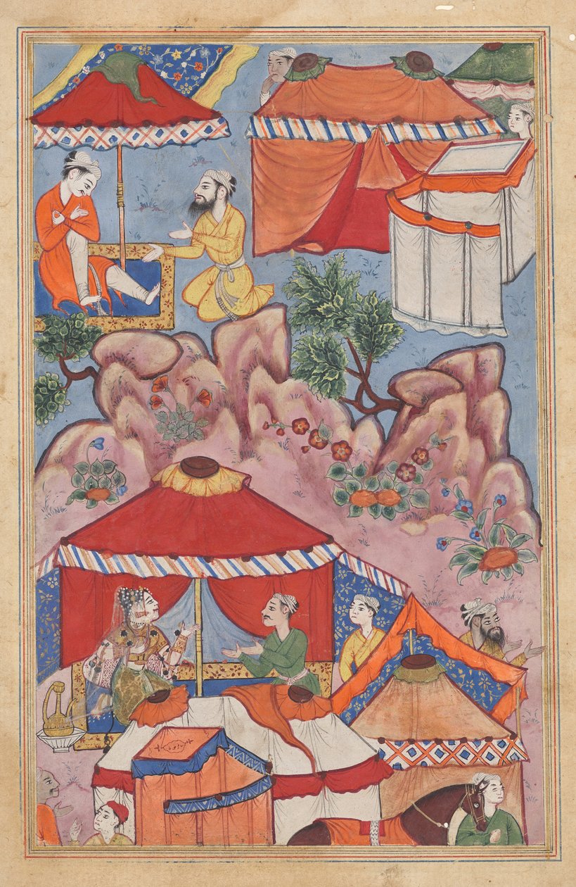 Bashir betror sin kjærlighet til Habbaza til en arabisk venn, og sender ham til henne med en melding, fra en Tuti-nama (Tales of a Parrot): Twenty-fourth Night av Unknown artist