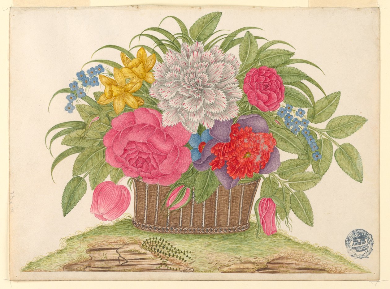 Kurv med blomster og blader på jorden av Unknown artist