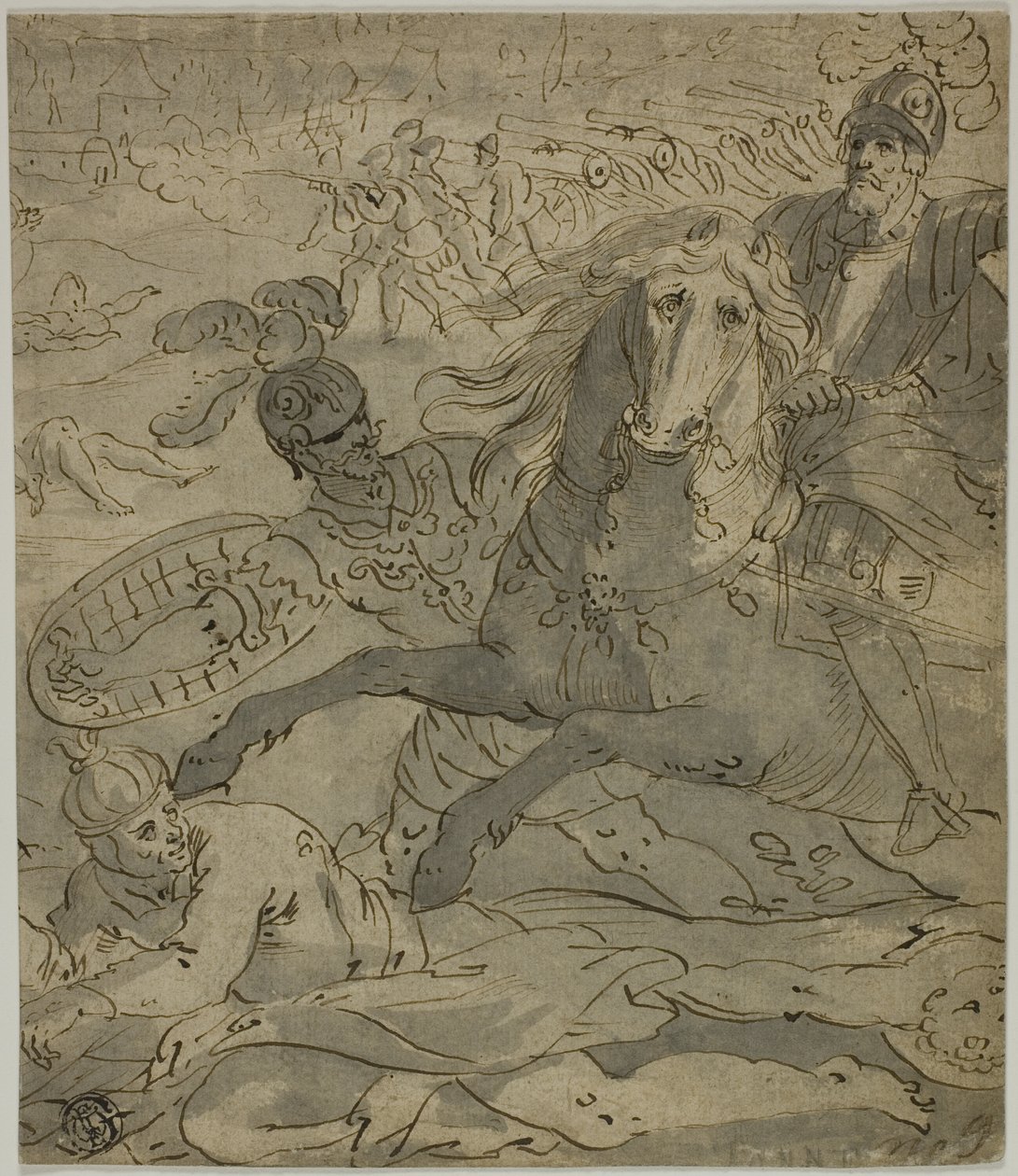 Kampscene med ladegeneral på hesteryggen i forgrunnen, artilleri og kanoner i bakgrunnen av Unknown artist