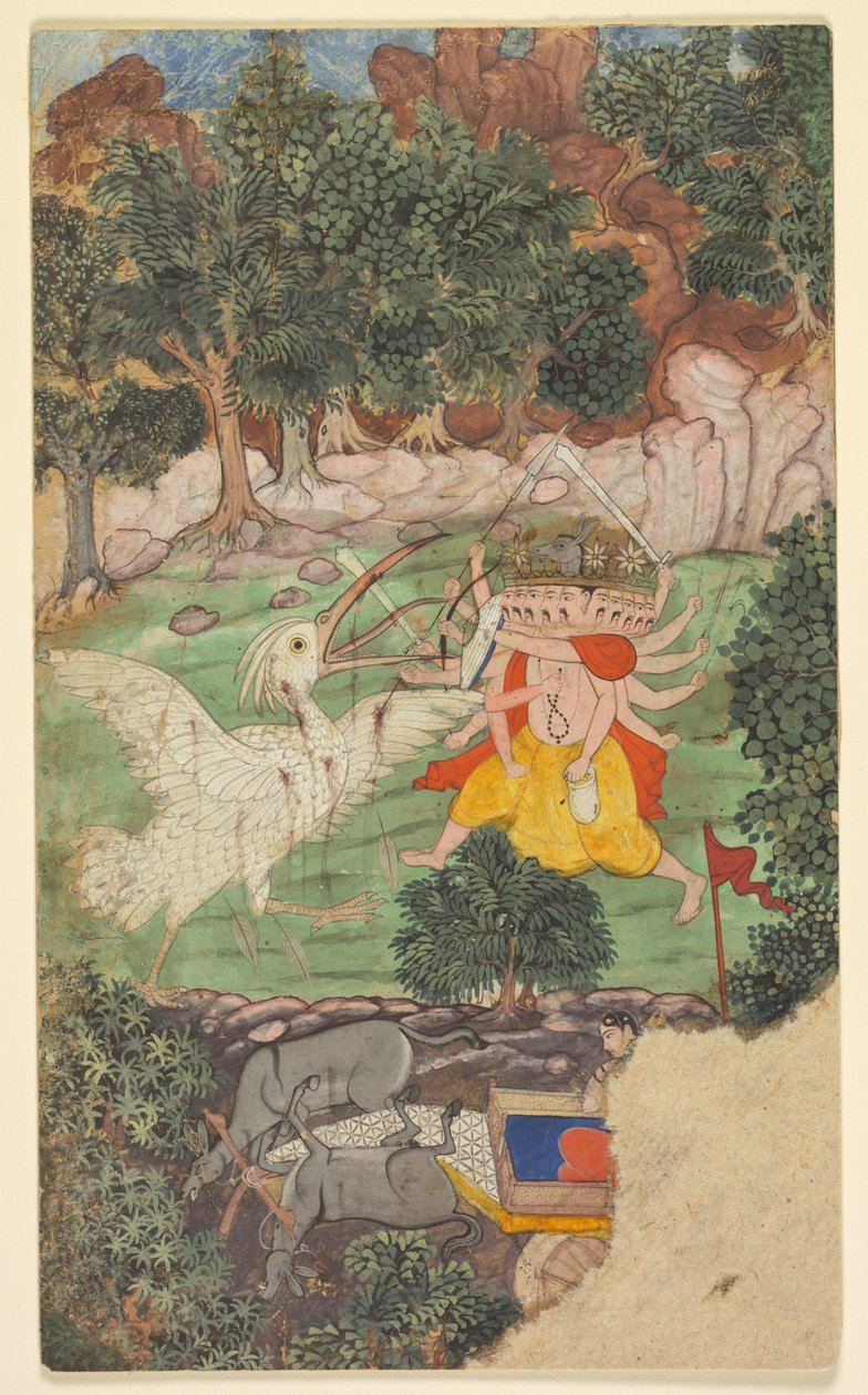 Slaget ved Ravana og Jatayu, fra sarga (kapittel) 49 av Aranya-kanda (Skogens bok) fra en Ramayana (Ramas reise) av Valmiki (indisk, aktiv ca. midten av 1000-tallet f.Kr.) av Unknown artist