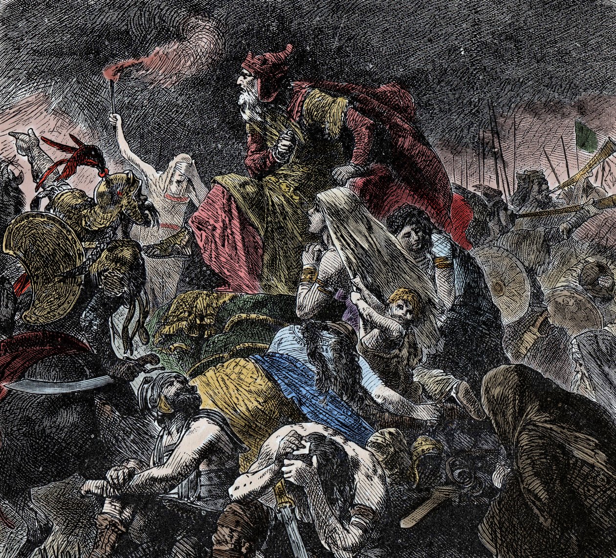 Slaget ved Catalaunique-markene, der romerne, frankerne og vestgoterne gjenforenes satte hunene til Attila og østgoterne i nærheten av Troyes, Dawn - Barbarian Invations - (Slaget ved de katalanske slettene eller slaget ved Chalon eller slaget ved Maurica, av Unknown artist