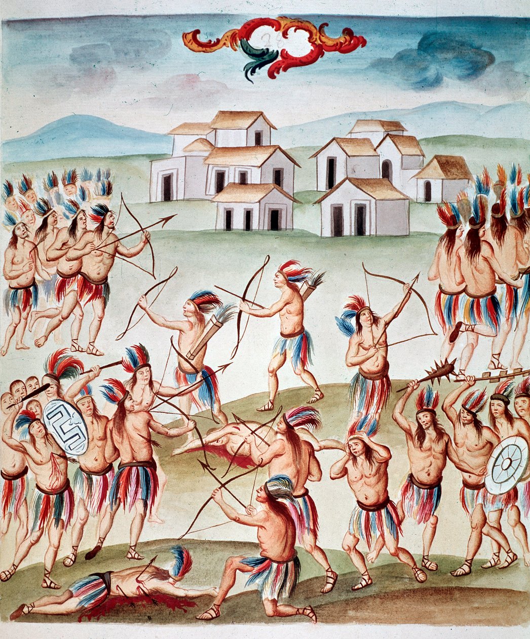 Slagscene, bakhold i Acolman, Mexico (Watercolou, ca. 1770-1780) av Unknown artist