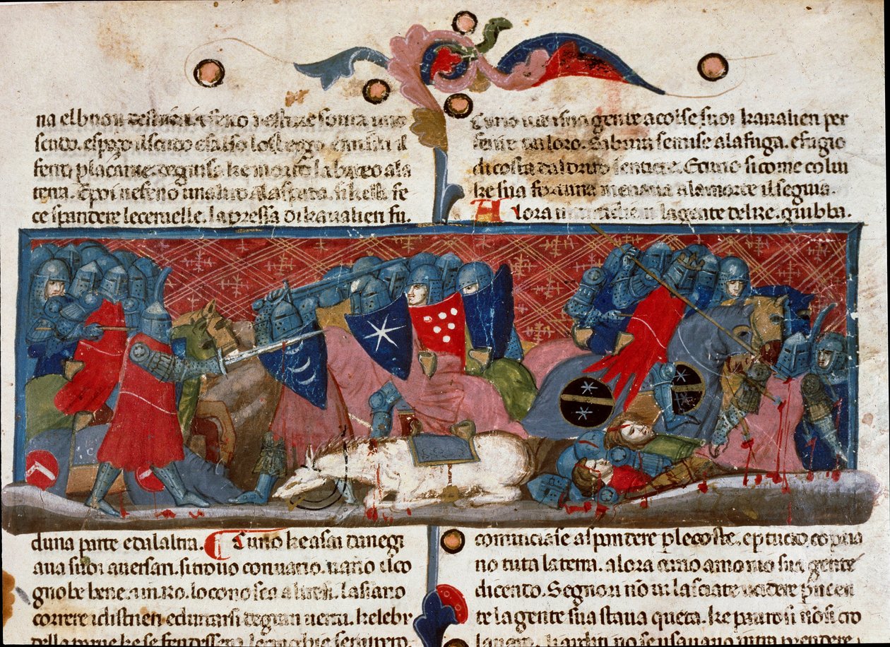 Kampscene, rustningskrigere som kolliderer med hverandre Detalj av en manuskriptside "The Facts of the Romans"" (Ms. 1538) ca. 1340 Firenze, Biblioteca Riccardiana av Unknown artist