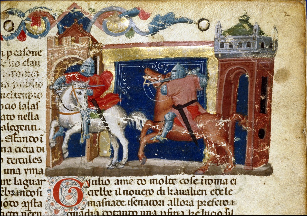 Slagscene, to riddere i rustning konfronterer hverandre Detalj av en manuskriptside “The Facts of the Romans”” (Ms. 1538) ca. 1340 Firenze, Biblioteca Riccardiana av Unknown artist