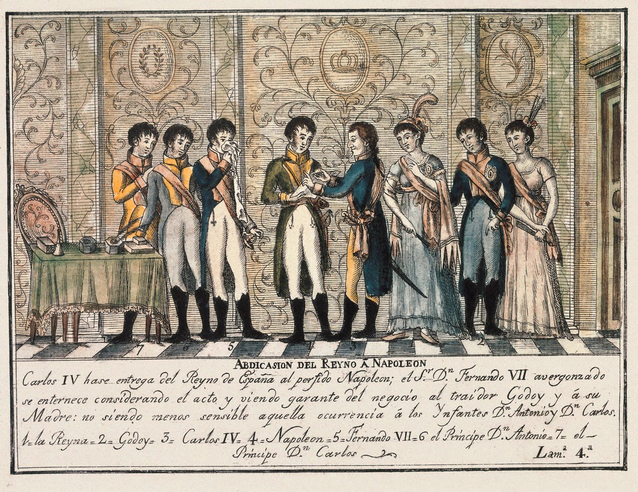 Bayonnes intervju i 1808 etter oppstanden til Aranjuez, som så abdikasjonen av kong Charles IV av Spania avgi tronen til Napoleon I før sønnen Ferdinand VII (Fernando VII) av Unknown artist