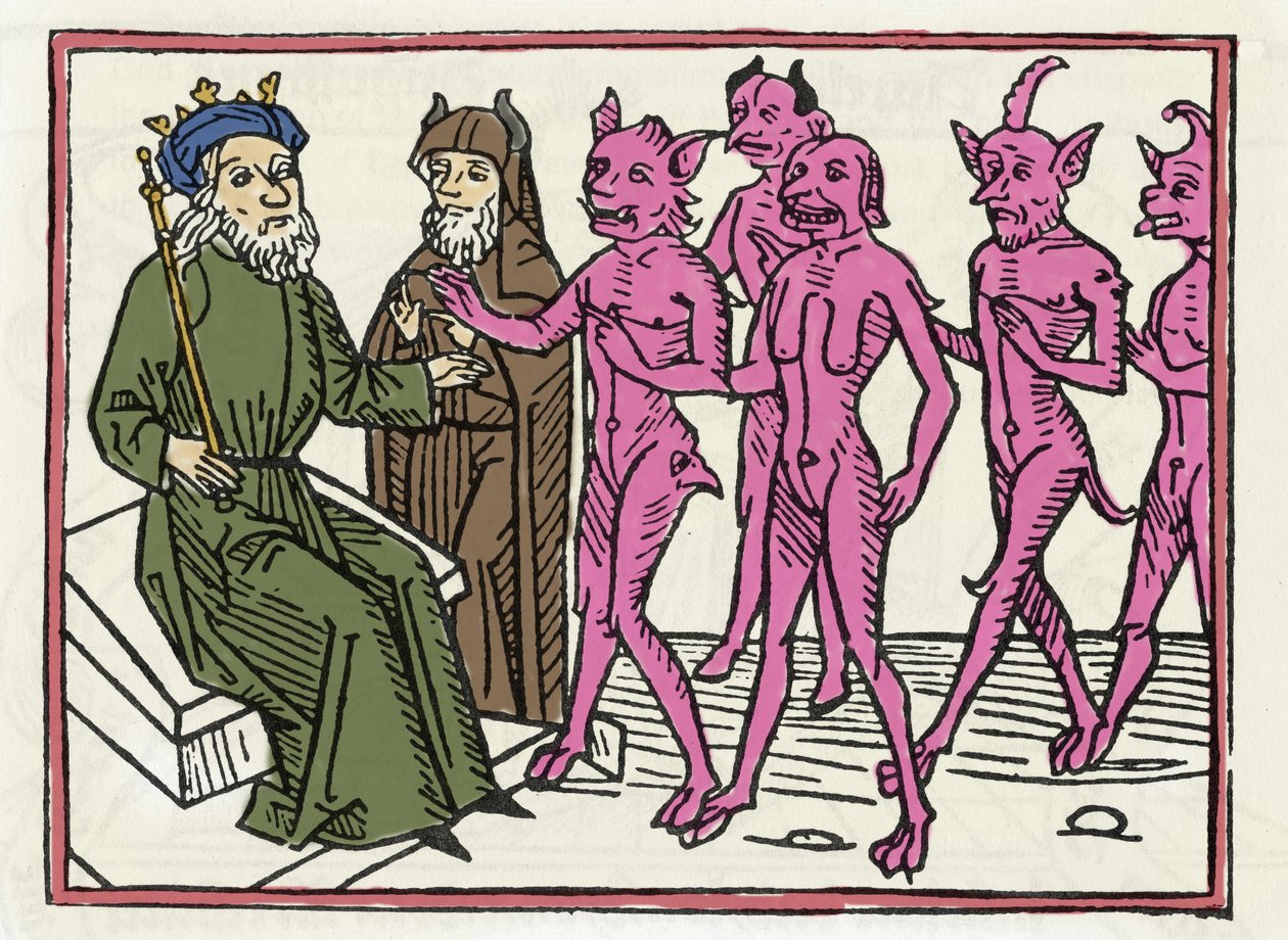 Belials rettssak: “Belial-demonen akkompagnert av fire andre demoner er til stede for dommer Solomon” “Gravering fra “The Belial-rettssaken”” av Jacobus de Teramo (eller Palladino), Ausburg av Unknown artist