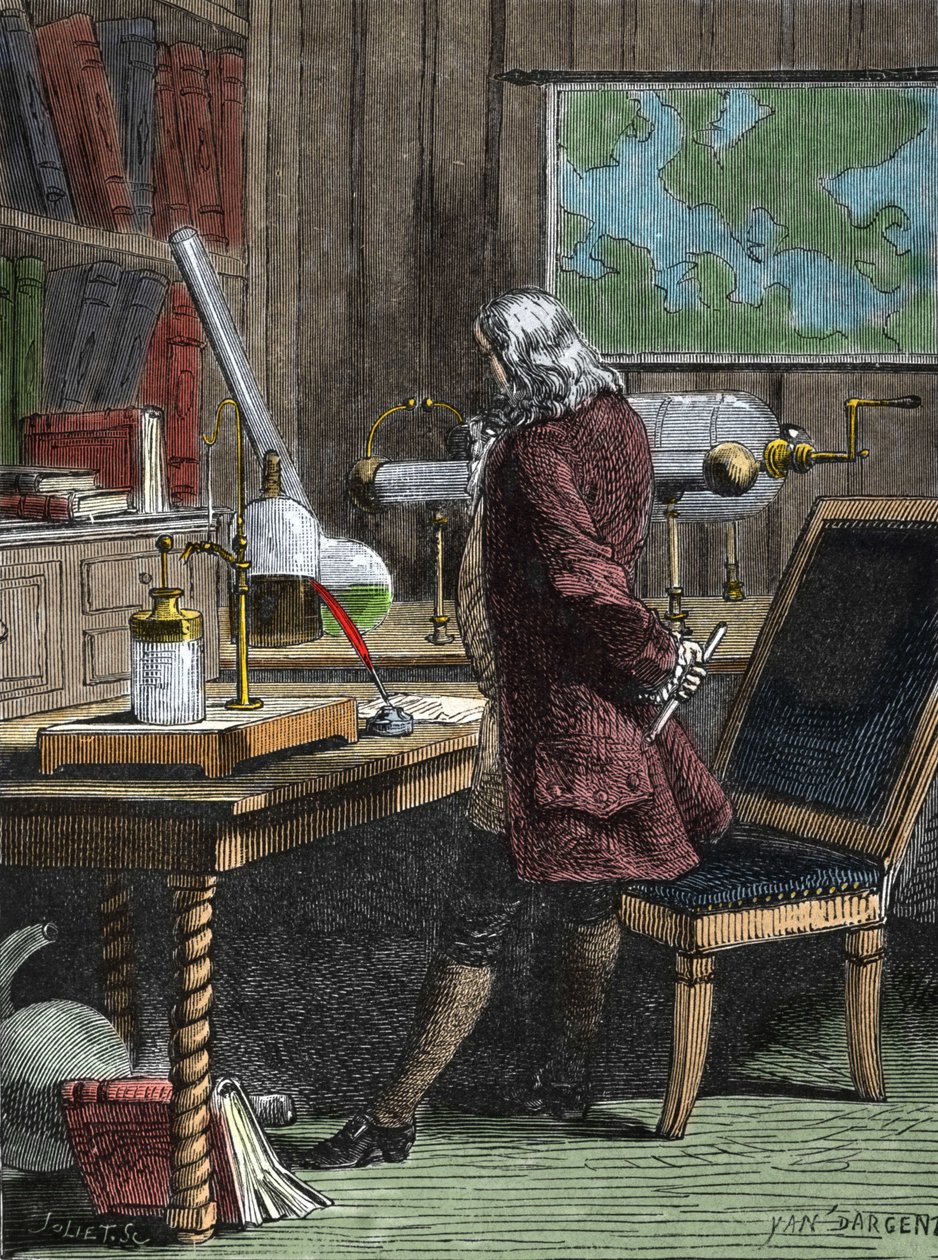 Benjamin Franklin (1706-1790), filosof, fysiker og amerikansk ambassadør i laboratoriet sitt i Philadelphia. av Unknown artist