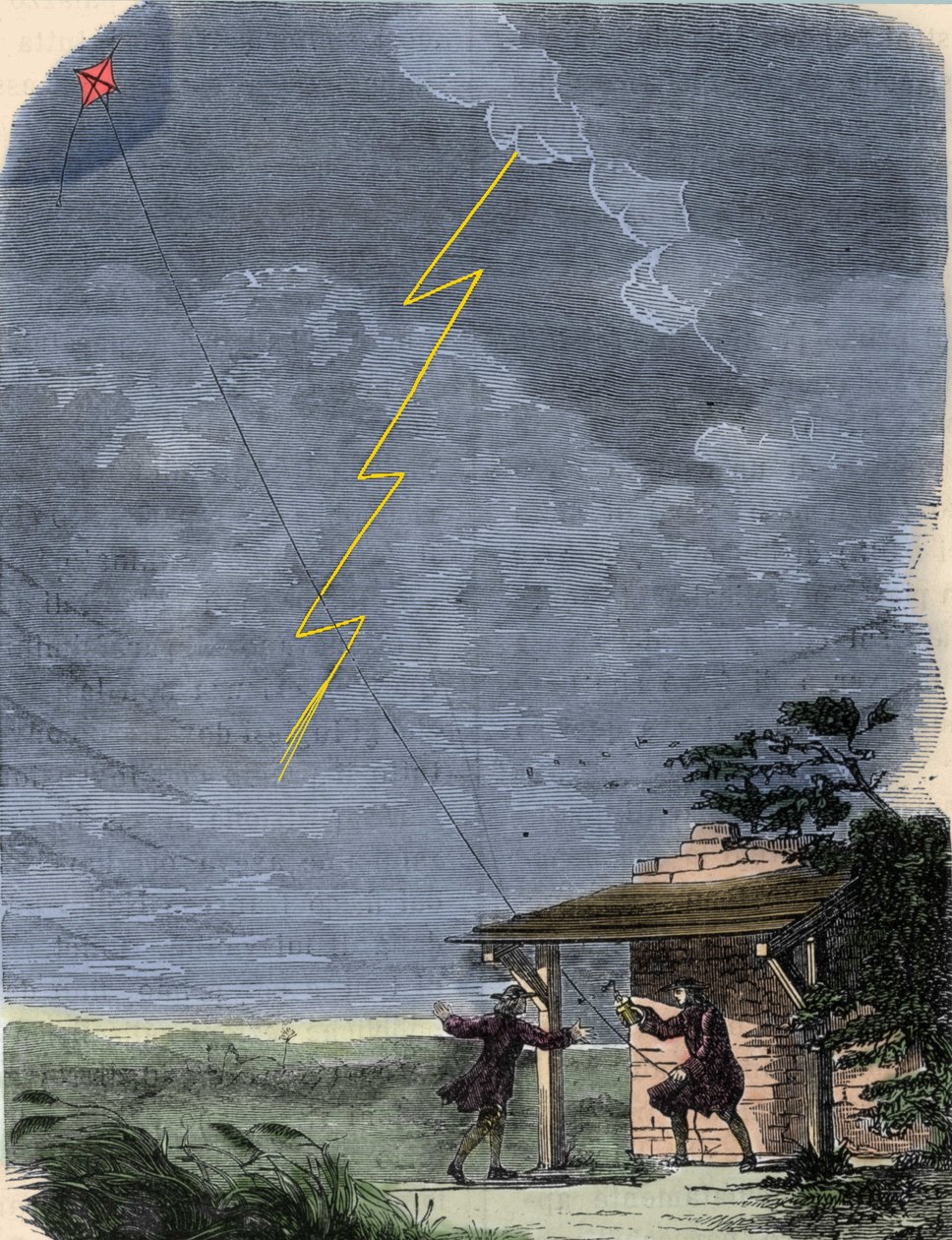Benjamin Franklin, filosof, fysiker og amerikansk ambassadør, eksperimenterer med lynavlederen sin montert på en drage. september 1752. av Unknown artist