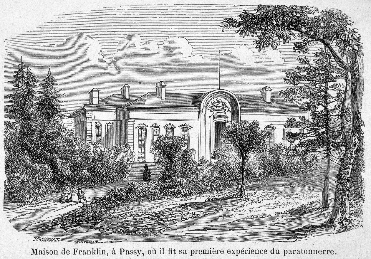 Benjamin Franklins hus i Passy, hvor han gjorde sin første erfaring med lynavleder - gravering av Unknown artist